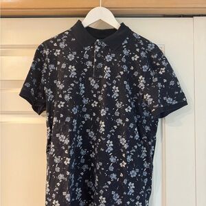 Floral Patterned Men's Polo Shirt - Navy and White
